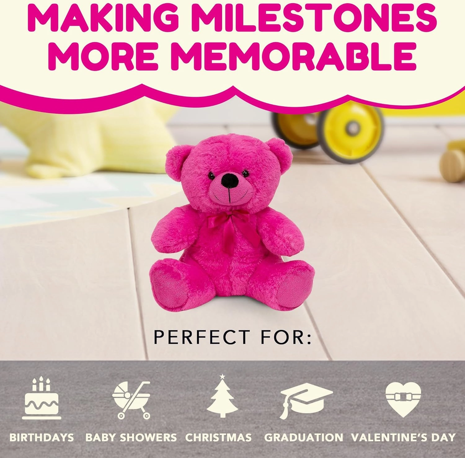 Grandma Smiley's Plush Best Friends Super Color Hot Pink Teddy Bear Stuffed Animal, 9-inch Hypoallergenic Small Teddy Bears for Christmas, Newborn Baby Shower, Girlfriend, Boyfriend, Graduation