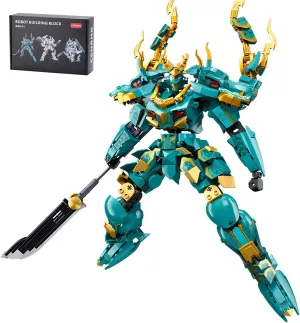 Green Dargon Samurai mech Robot with Long Spear Model Building Blocks Toy Set Mythical Birthday for Age 8  Children Adults Teens 704 Pieces