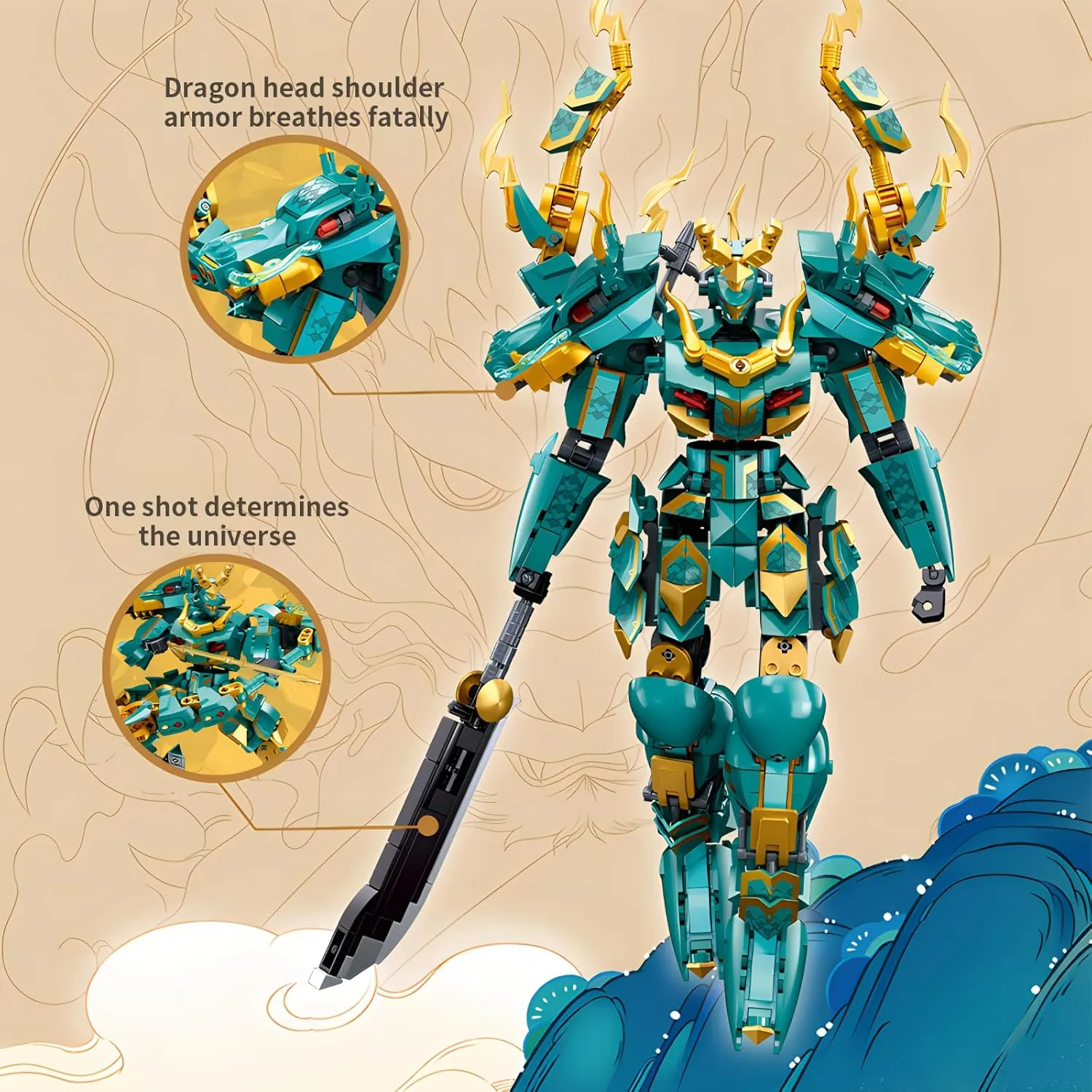 Green Dargon Samurai mech Robot with Long Spear Model Building Blocks Toy Set Mythical Birthday for Age 8  Children Adults Teens 704 Pieces