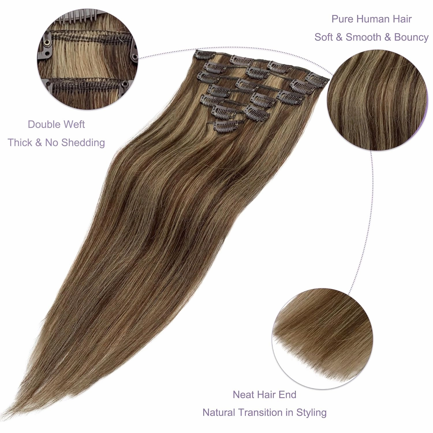 Hair Extensions Clip in Human Hair, Clip in Extensions, Blonde Highlighted Human Hair Straight 7 Pieces 16 Inch 70g Invisible Silky Clips Clip on Extension