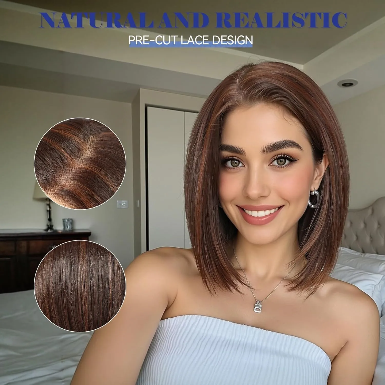 HAIRCUBE 13x6 HD Synthetic Lace Front Wig, 10 Inch Brown with Highlight Bob Wig Natural Density Hairline Straight Glueless Wig for Women Daily Use