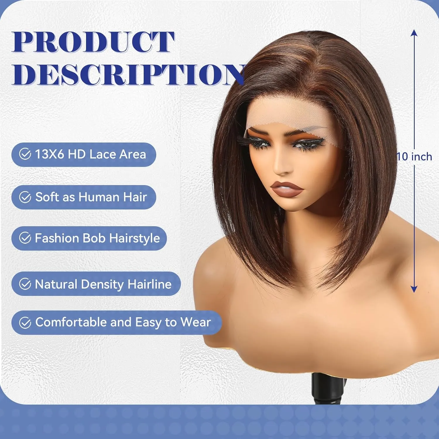 HAIRCUBE 13x6 HD Synthetic Lace Front Wig, 10 Inch Brown with Highlight Bob Wig Natural Density Hairline Straight Glueless Wig for Women Daily Use