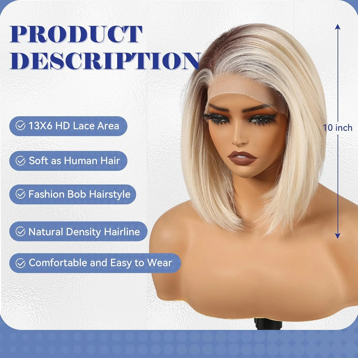 HAIRCUBE 13x6 HD Synthetic Lace Front Wig, 10 Inch Ombre Blonde Hightlight Bob Wig Natural Density Hairline Straight Glueless Wig for Women Daily Use
