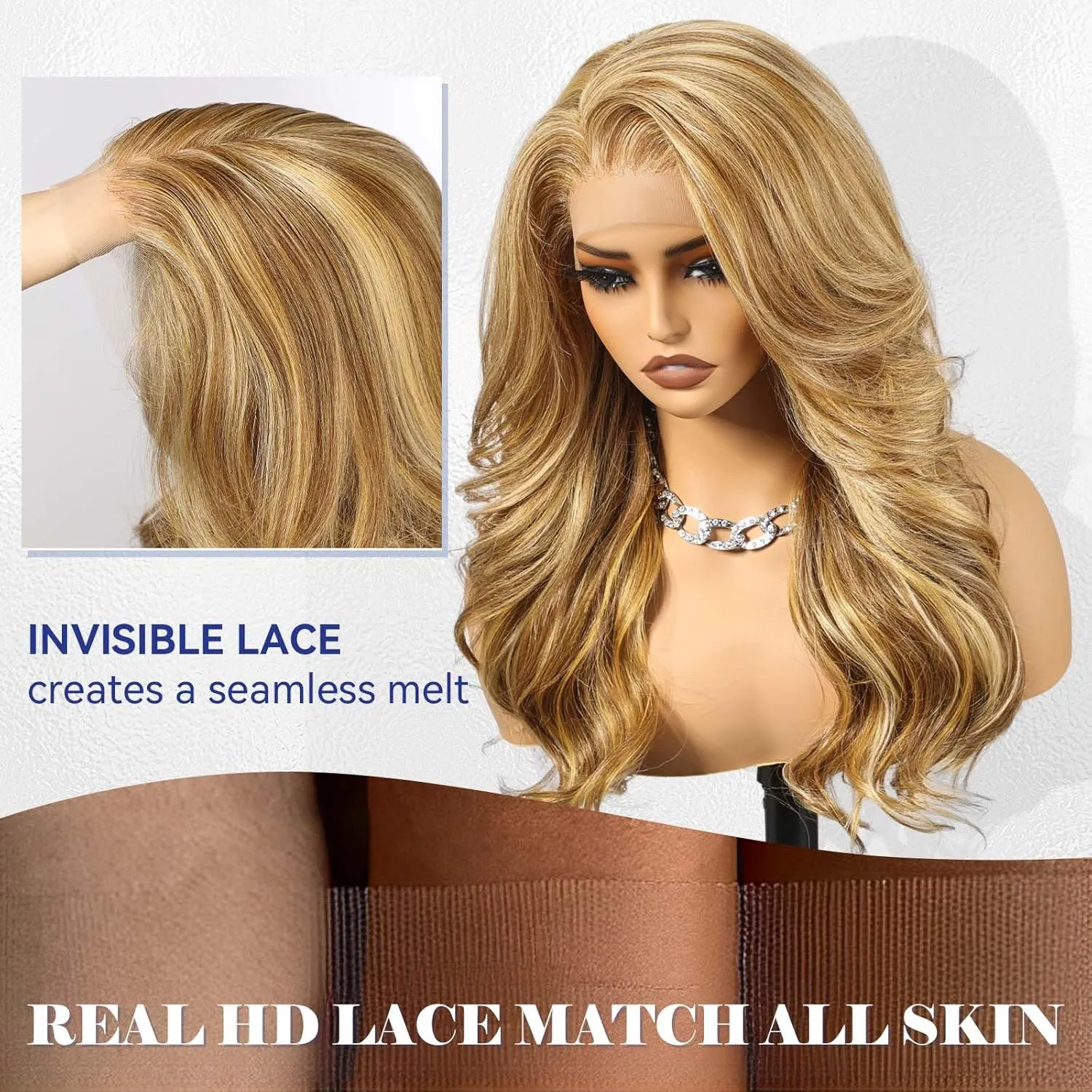 HAIRCUBE 13x6 HD Synthetic Lace Front Wig, 24 Inch Blonde Highlights Long Curly Layered Wigs, Natural Density Hairline Glueless Wigs for Women Daily Use