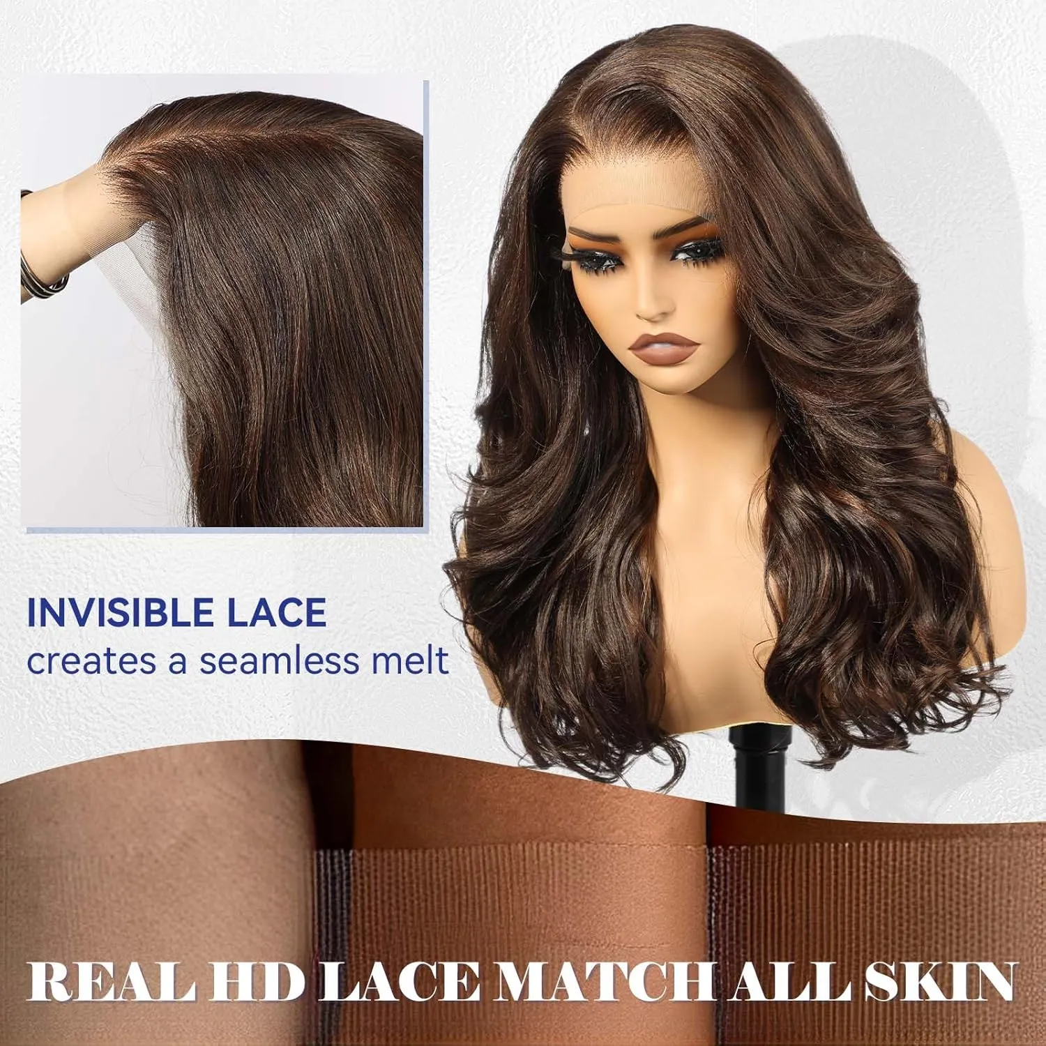 HAIRCUBE 13x6 HD Synthetic Lace Front Wig, 24 Inch Brown Long Curly Layered Wigs, Natural Density Hairline Glueless Wigs for Women Daily Use