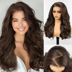 HAIRCUBE 13x6 HD Synthetic Lace Front Wig, 24 Inch Brown Long Curly Layered Wigs, Natural Density Hairline Glueless Wigs for Women Daily Use