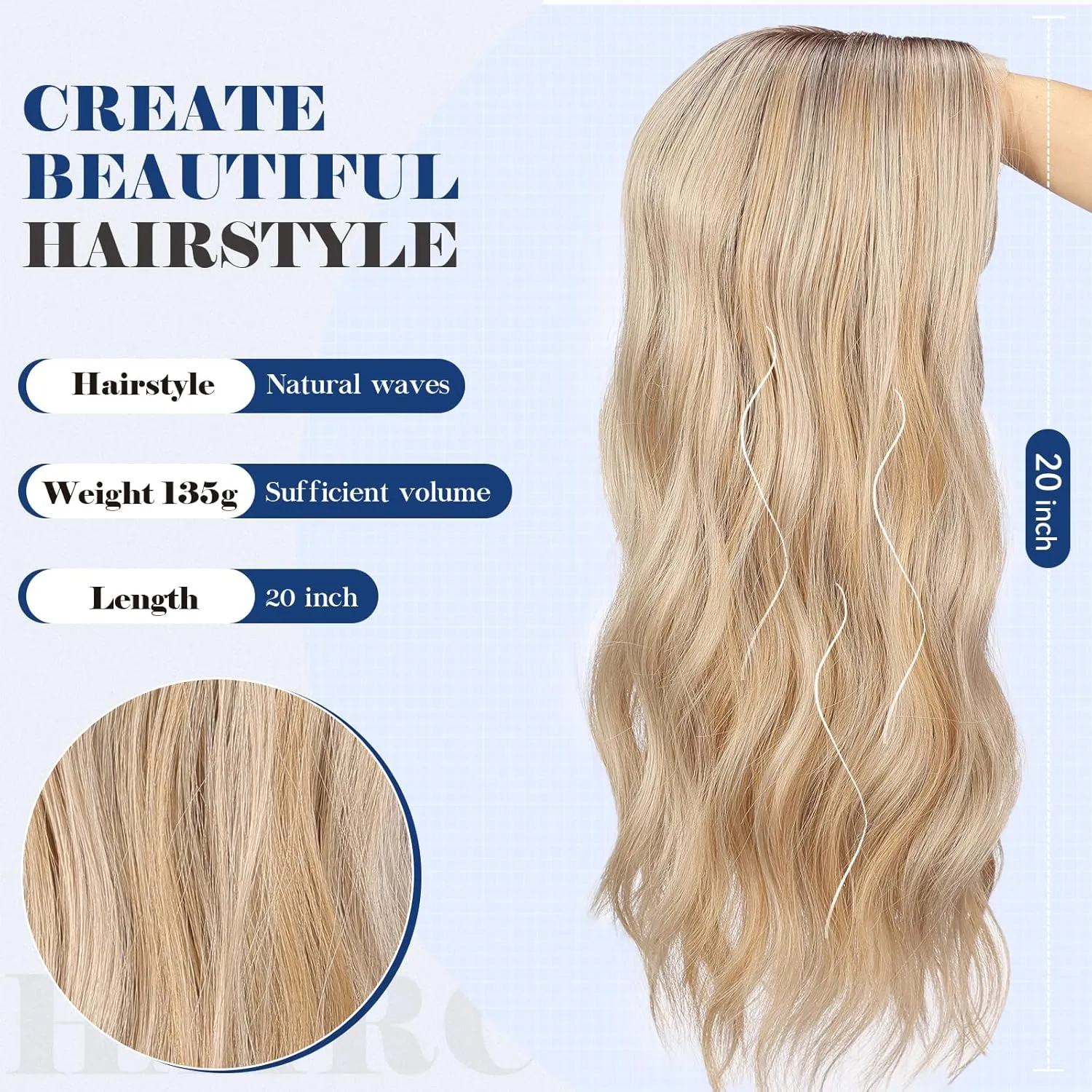 HAIRCUBE 20 inch Wavy Hair Toppers for Women Heat Resistant Fibre Synthetic 6 * 6 inch Base Toppers for Women with Thinning Hair(Light Blonde & Honey Blonde highlight)