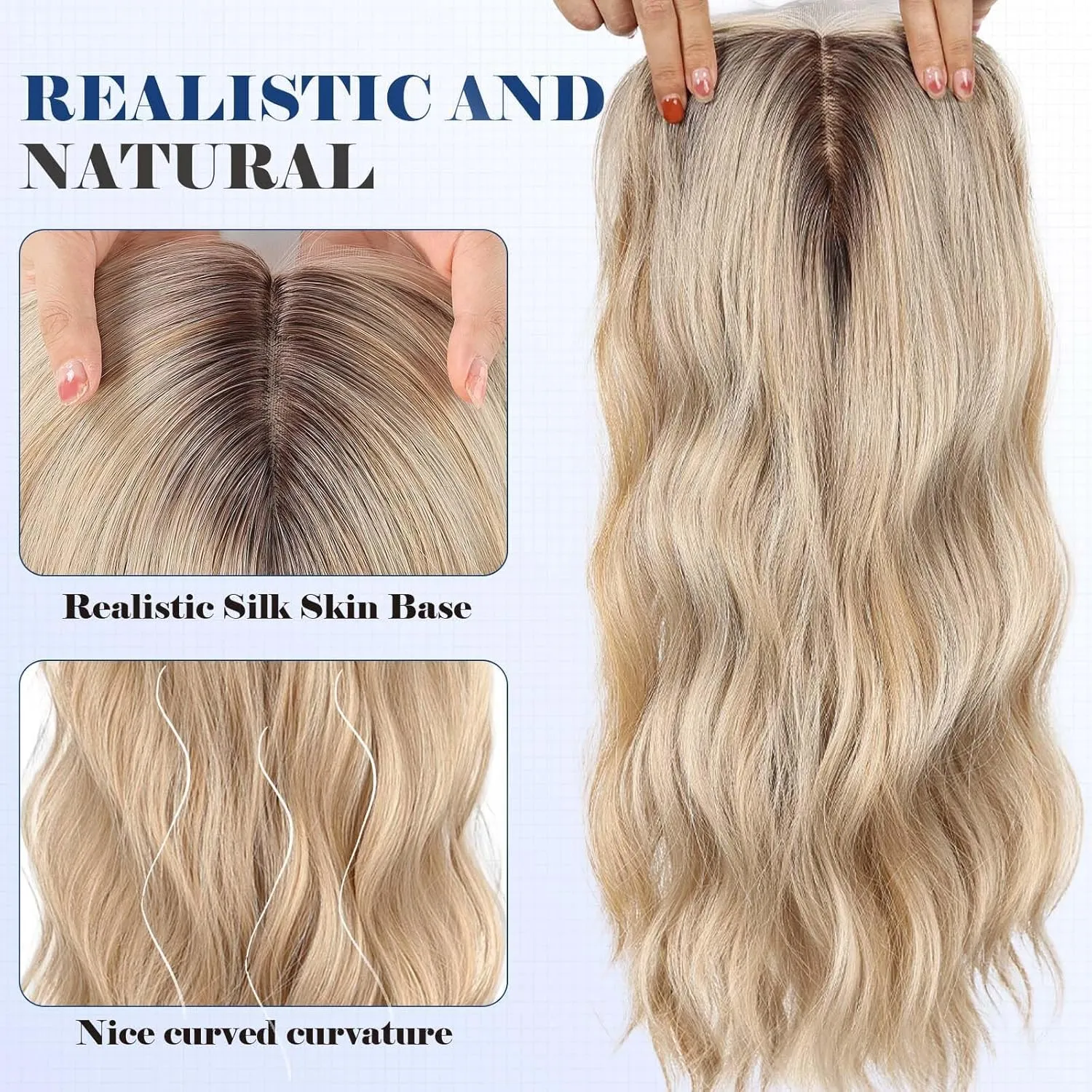 HAIRCUBE 20 inch Wavy Hair Toppers for Women Heat Resistant Fibre Synthetic 6 * 6 inch Base Toppers for Women with Thinning Hair(Light Blonde & Honey Blonde highlight)