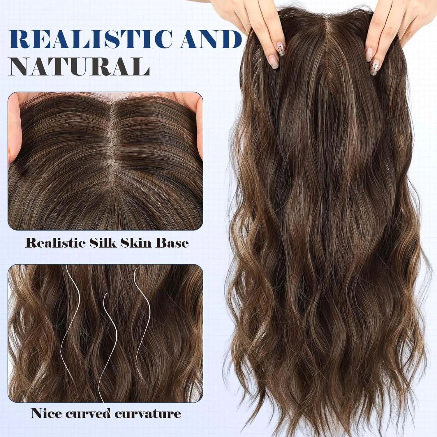 HAIRCUBE 20 inch Wavy Hair Toppers for Women Heat Resistant Fibre Synthetic 6 * 6 inch Base Toppers for Women with Thinning(Chestnut Brown & Honey Blonde)