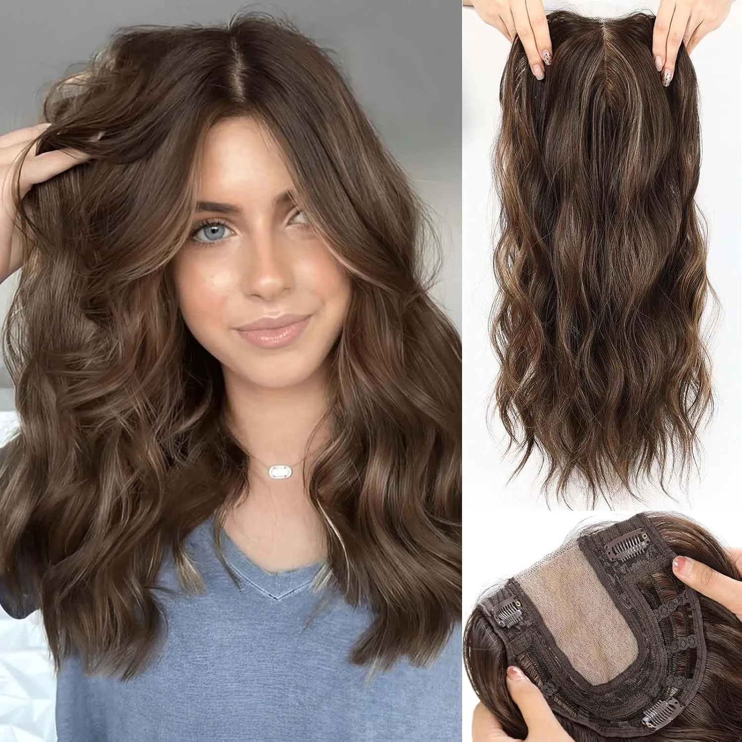 HAIRCUBE 20 inch Wavy Hair Toppers for Women Heat Resistant Fibre Synthetic 6 * 6 inch Base Toppers for Women with Thinning(Chestnut Brown & Honey Blonde)