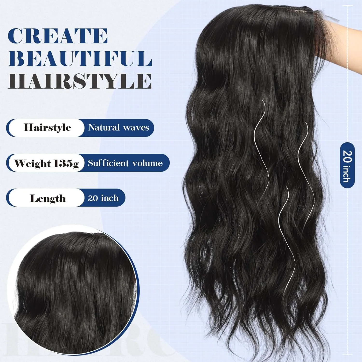 HAIRCUBE 20 inch Wavy Hair Toppers for Women Heat Resistant Fibre Synthetic 6 * 6 inch Base Toppers Hair Pieces for Women with Thinning Hair(Black)