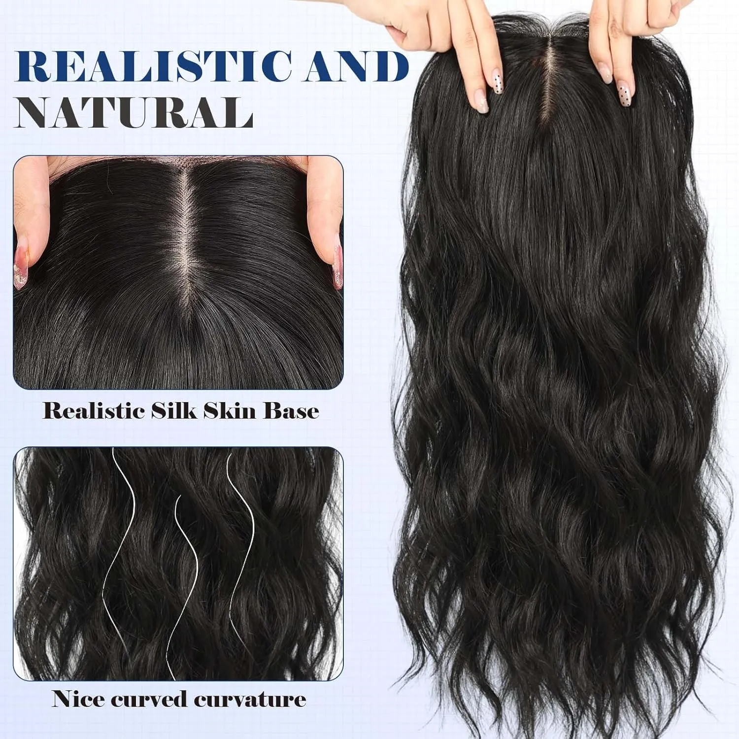 HAIRCUBE 20 inch Wavy Hair Toppers for Women Heat Resistant Fibre Synthetic 6 * 6 inch Base Toppers Hair Pieces for Women with Thinning Hair(Black)