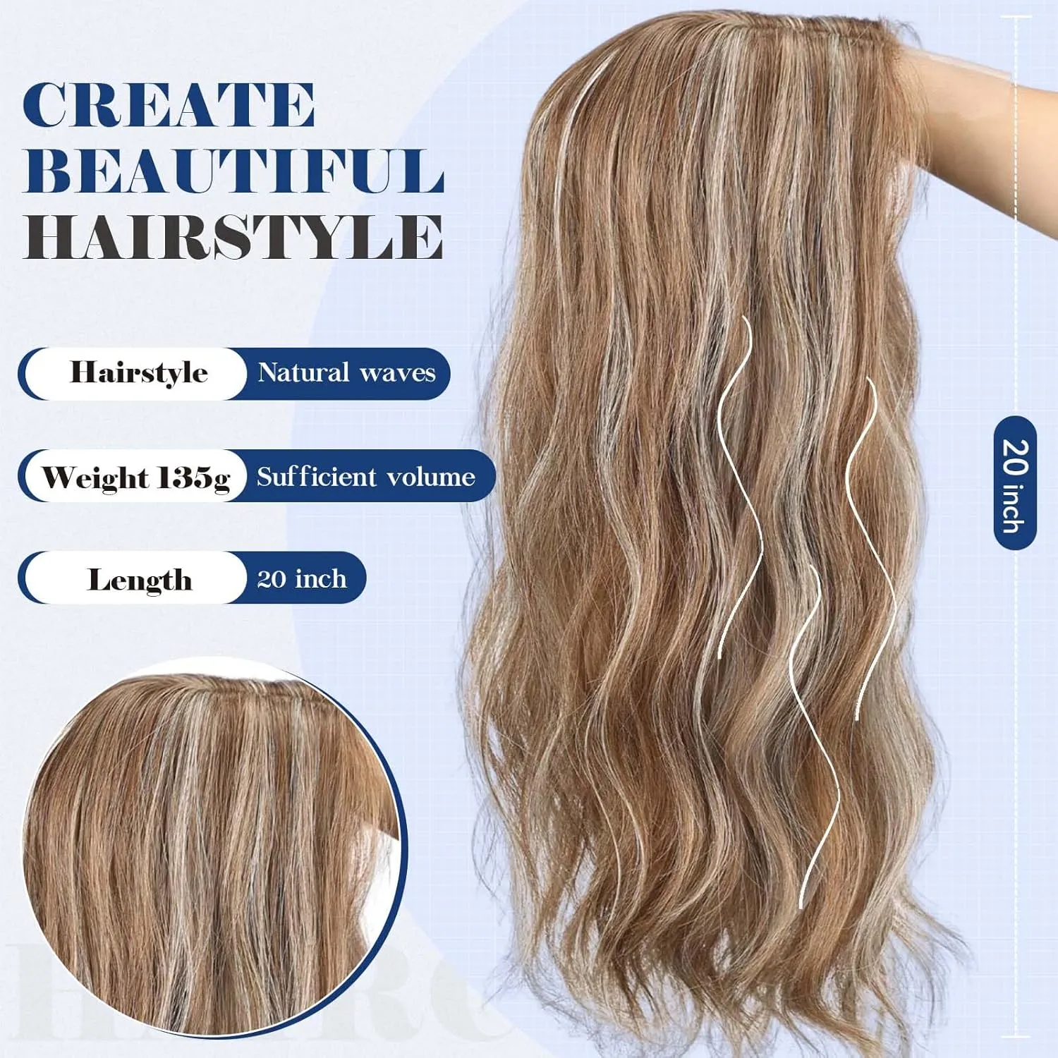 HAIRCUBE 20 inch Wavy Hair Toppers for Women Heat Resistant Fibre Synthetic 6 * 6 inch Base Toppers Hair Pieces for Women with Thinning (Light Brown & Ash Blonde)