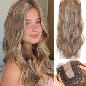 HAIRCUBE 20 inch Wavy Hair Toppers for Women Heat Resistant Fibre Synthetic 6 * 6 inch Base Toppers Hair Pieces for Women with Thinning (Light Brown & Ash Blonde)