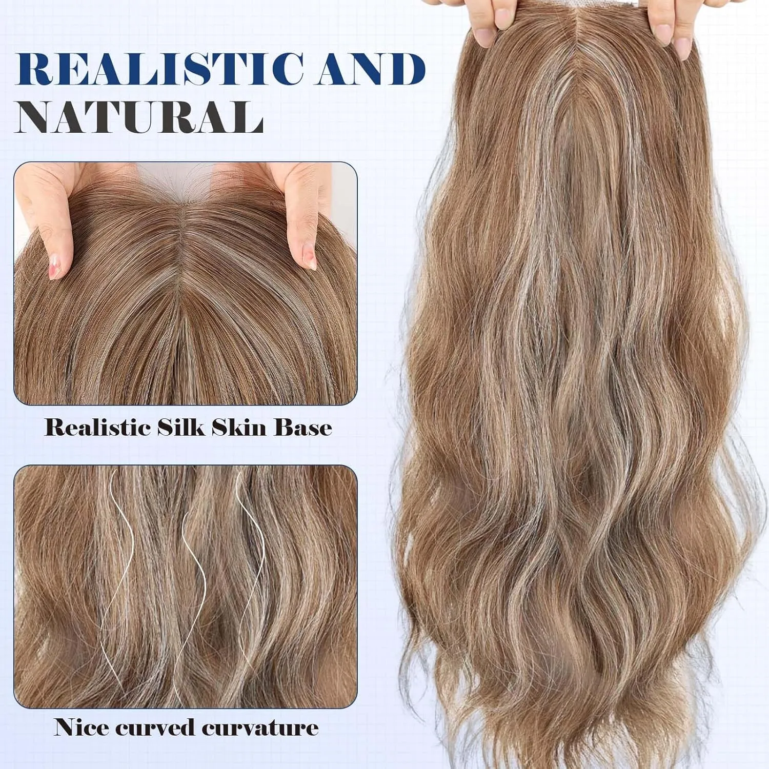 HAIRCUBE 20 inch Wavy Hair Toppers for Women Heat Resistant Fibre Synthetic 6 * 6 inch Base Toppers Hair Pieces for Women with Thinning (Light Brown & Ash Blonde)