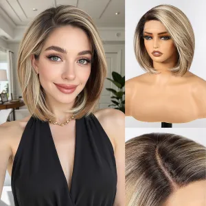 HAIRCUBE Brown Highlight Synthetic Lace Front Wig, 12Inch shoulder length Bob wig，Glueless Human-Like Wig for Women, Natural Hairline & Adjustable Cap