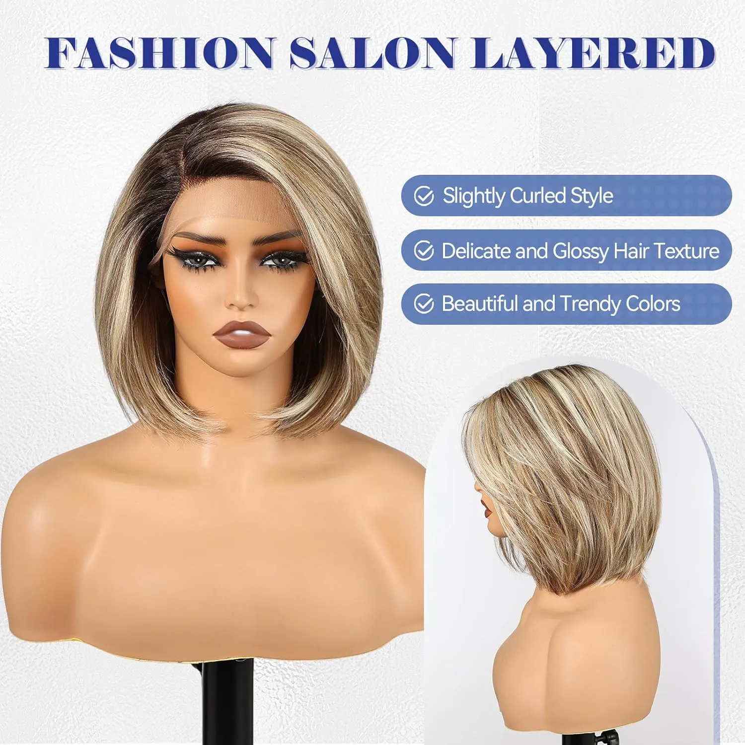 HAIRCUBE Brown Highlight Synthetic Lace Front Wig, 12Inch shoulder length Bob wig，Glueless Human-Like Wig for Women, Natural Hairline & Adjustable Cap