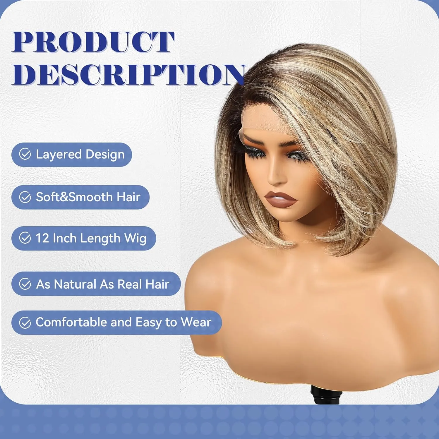 HAIRCUBE Brown Highlight Synthetic Lace Front Wig, 12Inch shoulder length Bob wig，Glueless Human-Like Wig for Women, Natural Hairline & Adjustable Cap