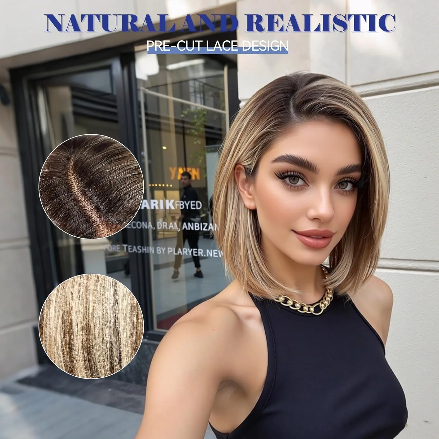 HAIRCUBE Brown Highlight Synthetic Lace Front Wig, 12Inch shoulder length Bob wig，Glueless Human-Like Wig for Women, Natural Hairline & Adjustable Cap