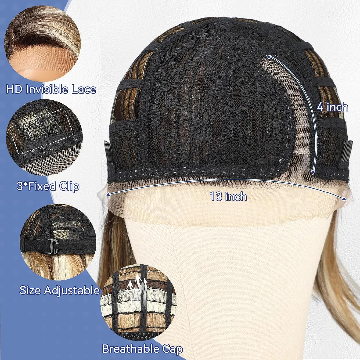 HAIRCUBE Brown Highlight Synthetic Lace Front Wig, 12Inch shoulder length Bob wig，Glueless Human-Like Wig for Women, Natural Hairline & Adjustable Cap