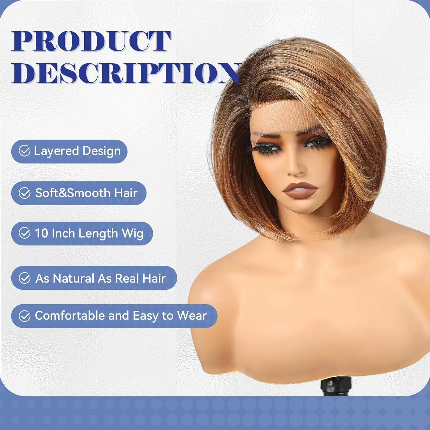 HAIRCUBE Chestnut Brown Synthetic Lace Front Wig, 10 Inch Layered Glueless Bob Wig, Natural Density Hairline Wigs for Women Daily Use