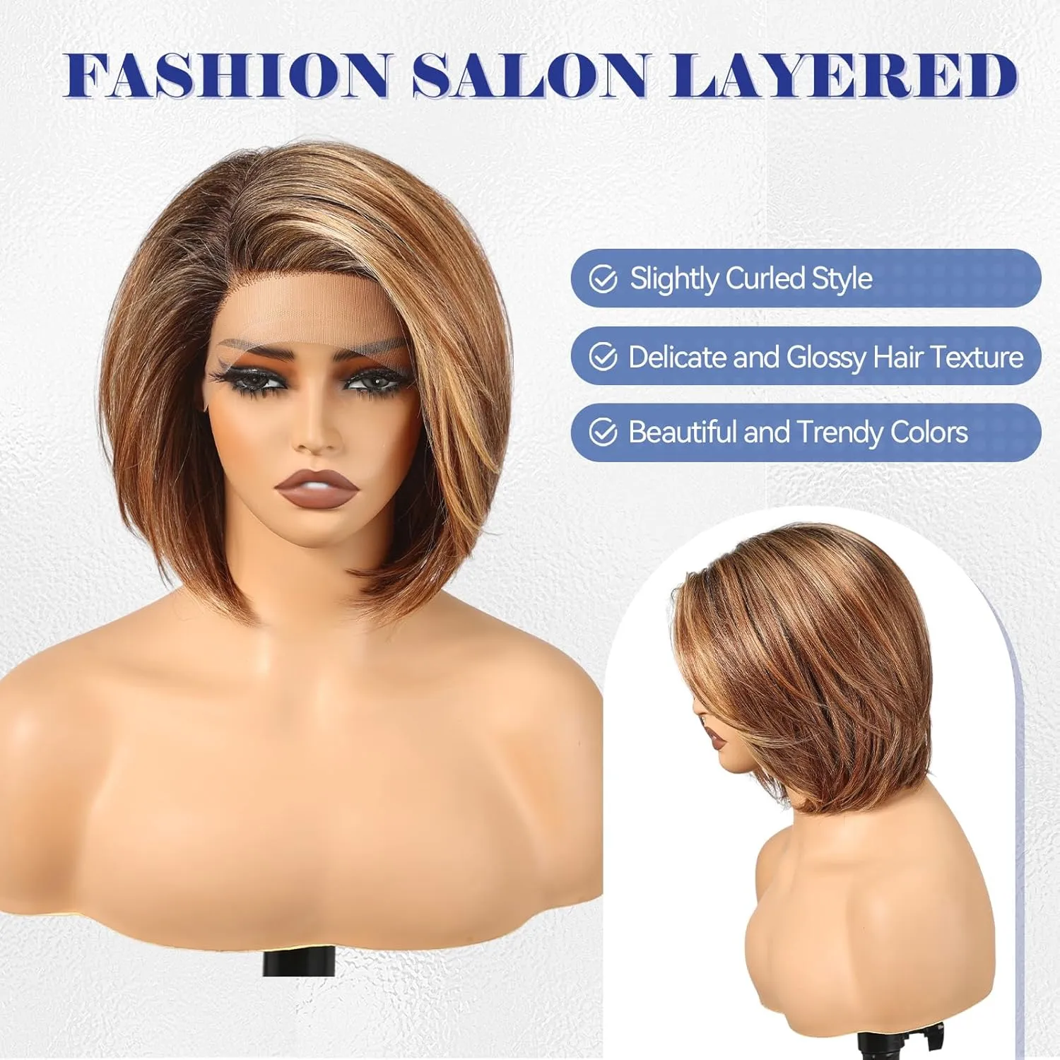 HAIRCUBE Chestnut Brown Synthetic Lace Front Wig, 10 Inch Layered Glueless Bob Wig, Natural Density Hairline Wigs for Women Daily Use