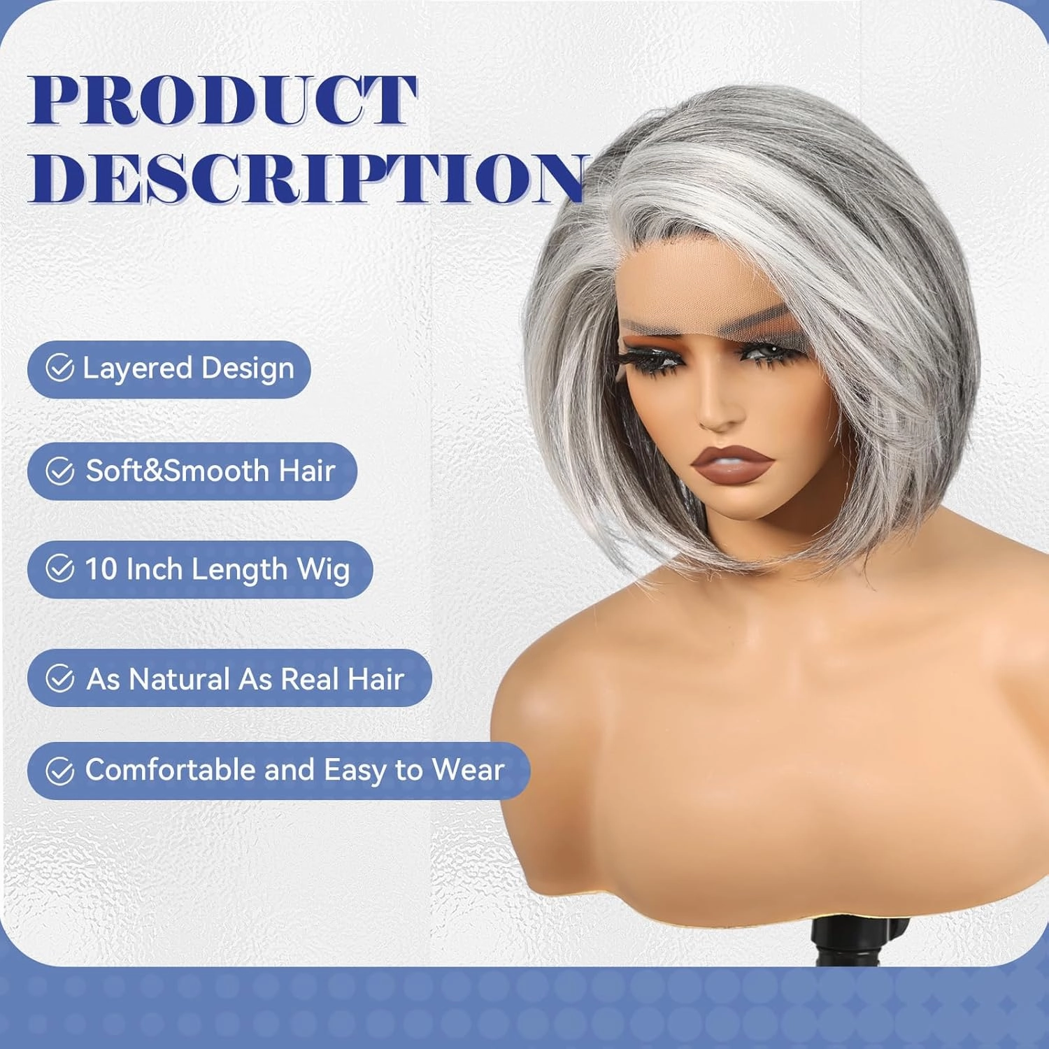 HAIRCUBE Gray Synthetic Lace Front Wig, 10 Inch Layered Glueless Bob Wig, Natural Density Hairline Wigs for Women Daily Use