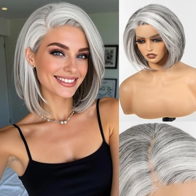HAIRCUBE Gray Synthetic Lace Front Wig, 10 Inch Layered Glueless Bob Wig, Natural Density Hairline Wigs for Women Daily Use