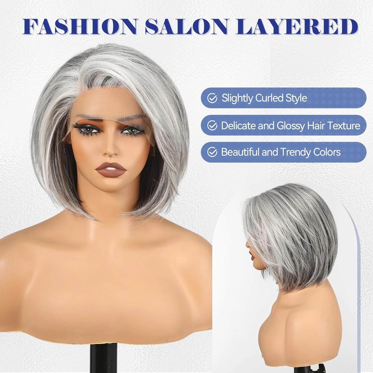 HAIRCUBE Gray Synthetic Lace Front Wig, 10 Inch Layered Glueless Bob Wig, Natural Density Hairline Wigs for Women Daily Use