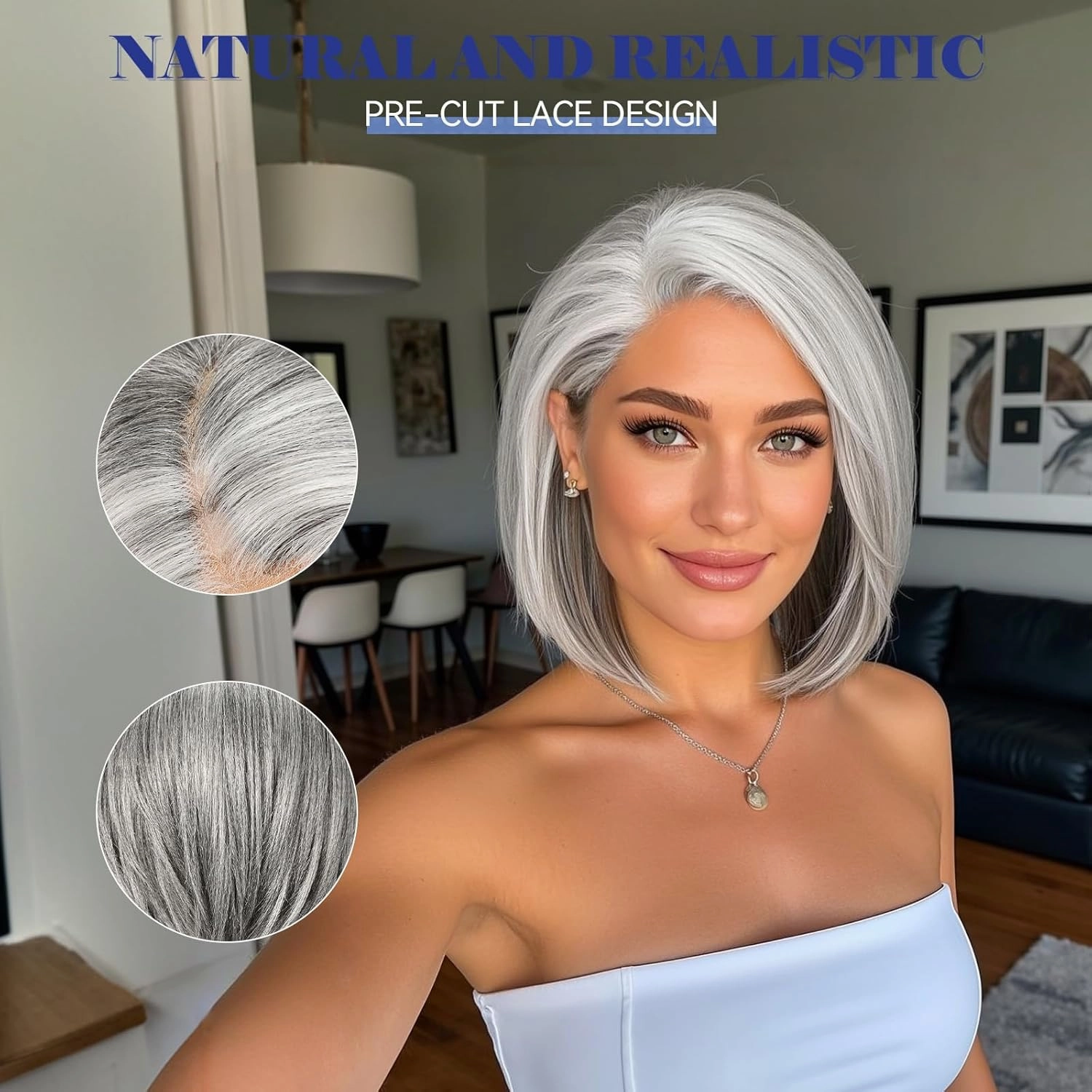 HAIRCUBE Gray Synthetic Lace Front Wig, 10 Inch Layered Glueless Bob Wig, Natural Density Hairline Wigs for Women Daily Use