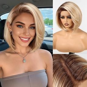 HAIRCUBE Ombre Blonde Hightlight Synthetic Lace Front Wig, 10 Inch Layered Glueless Bob Wig, Natural Density Hairline Wigs for Women Daily Use