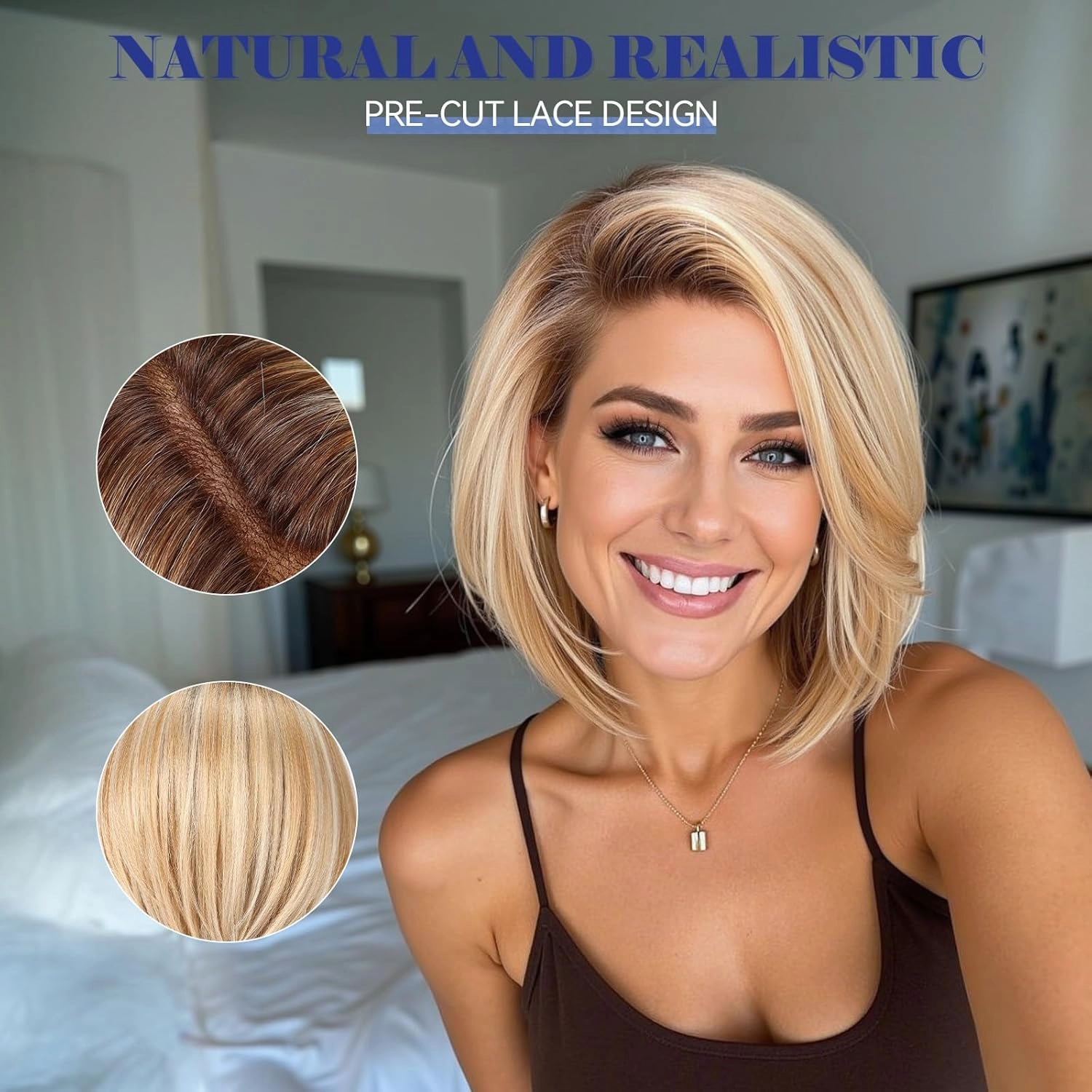 HAIRCUBE Ombre Blonde Hightlight Synthetic Lace Front Wig, 10 Inch Layered Glueless Bob Wig, Natural Density Hairline Wigs for Women Daily Use