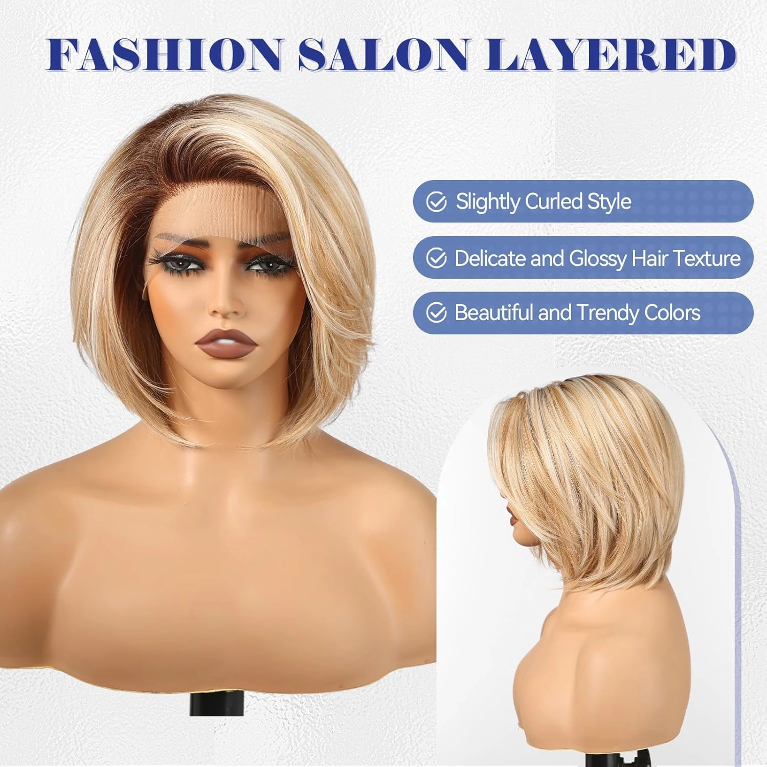 HAIRCUBE Ombre Blonde Hightlight Synthetic Lace Front Wig, 10 Inch Layered Glueless Bob Wig, Natural Density Hairline Wigs for Women Daily Use
