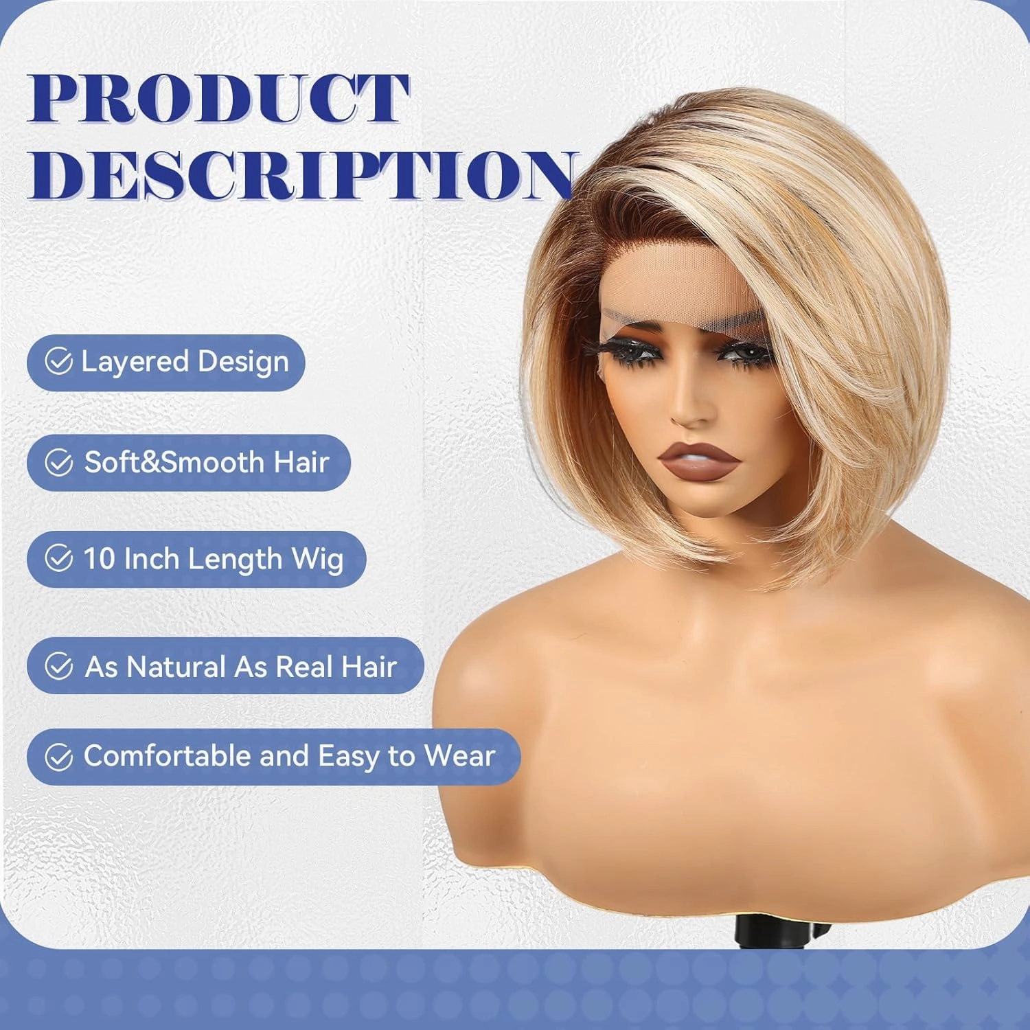 HAIRCUBE Ombre Blonde Hightlight Synthetic Lace Front Wig, 10 Inch Layered Glueless Bob Wig, Natural Density Hairline Wigs for Women Daily Use