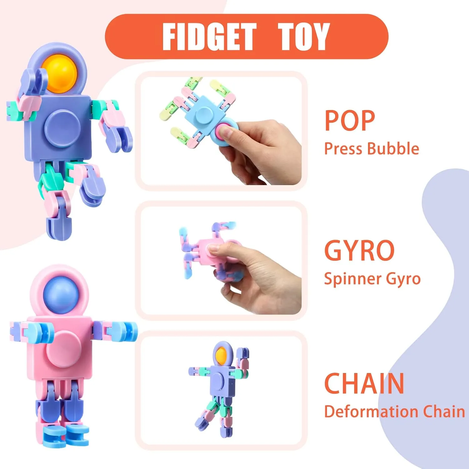 Hanaive 48 Pcs Robot Fidget Spinners Transformable Fingertip Gyro Chain Toy Deformable DIY Stress Relief Fidget Sensory Toys Adults Piñata Goodie Bag Birthday School Gift
