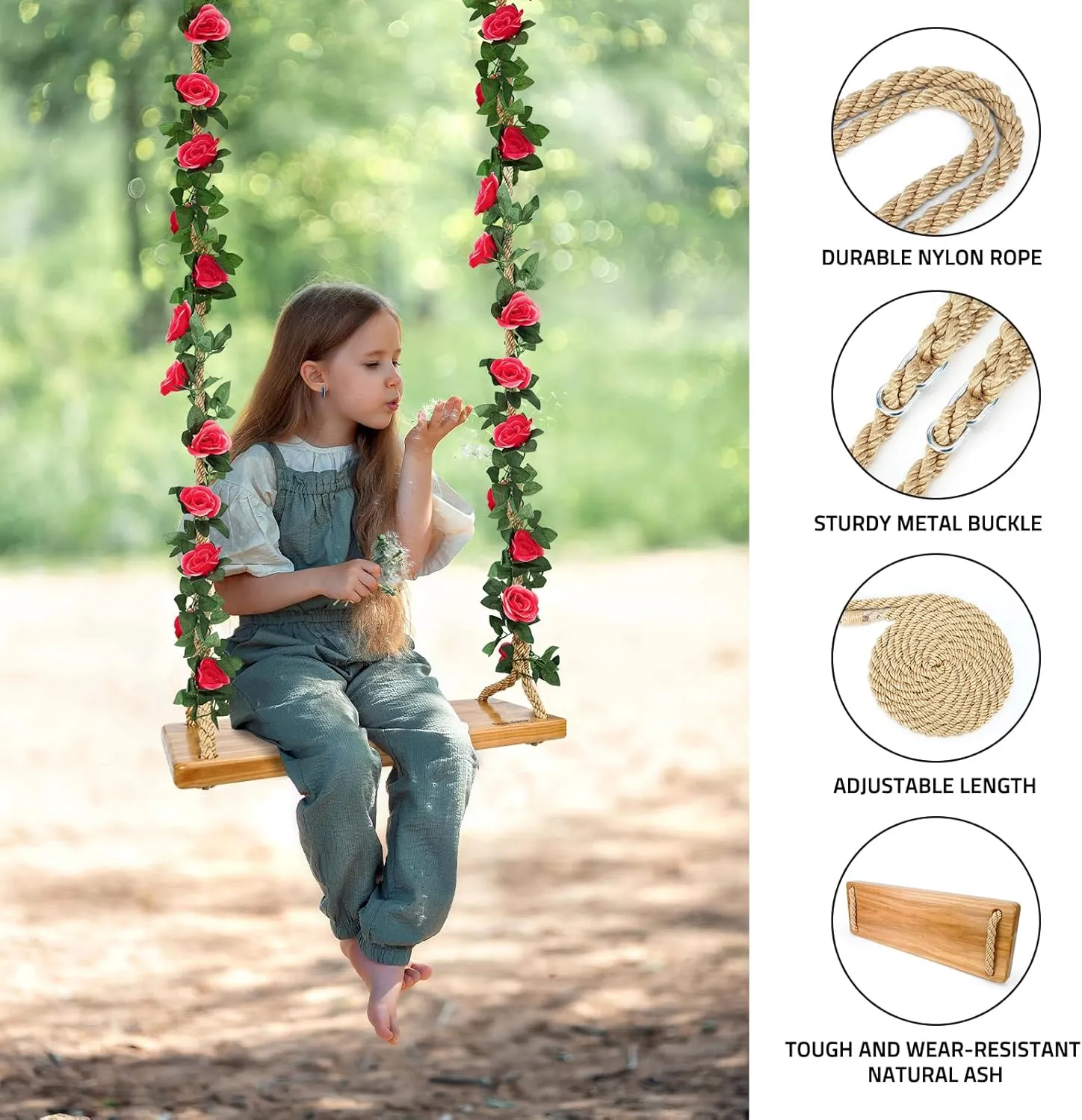 Hanging Wooden Swing, 24"x 8"x 1.2" Tree Swing for Adults Kids, Adjustable Thick Nylon Rope Plus Tree Straps 10.61FT, Wood Swing Set with Rose Garland for Indoor & Outdoor