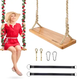 Hanging Wooden Swing, 24"x 8"x 1.2" Tree Swing for Adults Kids, Adjustable Thick Nylon Rope Plus Tree Straps 10.61FT, Wood Swing Set with Rose Garland for Indoor & Outdoor