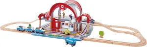 Hape Grand City Station with Light and Sound| 49 PCs Wooden Pretend Play Railway Set with Projector and Recorder for Kids