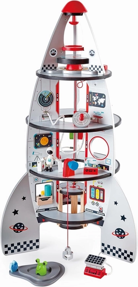 Hape Four Stage Toddler Rocket Ship Playset | A Wooden Spaceship Toy with Real Life Space Shuttle Designs