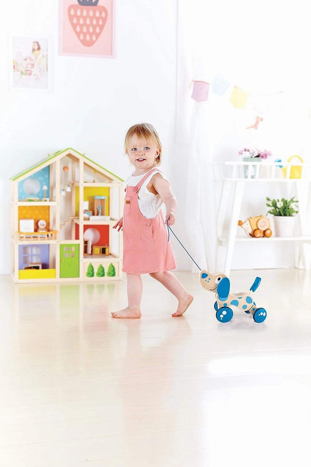 Hape Walk-A-Long Puppy Wooden Pull Toy | Push Pull Toy Puppy for Toddlers Can Sit, Stand and Roll. Rubber Rimmed Wheels for Easy Push and Pull Action, Blue