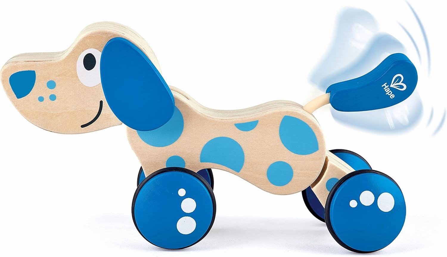 Hape Walk-A-Long Puppy Wooden Pull Toy | Push Pull Toy Puppy for Toddlers Can Sit, Stand and Roll. Rubber Rimmed Wheels for Easy Push and Pull Action, Blue