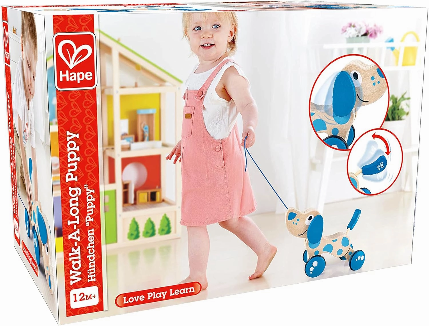 Hape Walk-A-Long Puppy Wooden Pull Toy | Push Pull Toy Puppy for Toddlers Can Sit, Stand and Roll. Rubber Rimmed Wheels for Easy Push and Pull Action, Blue