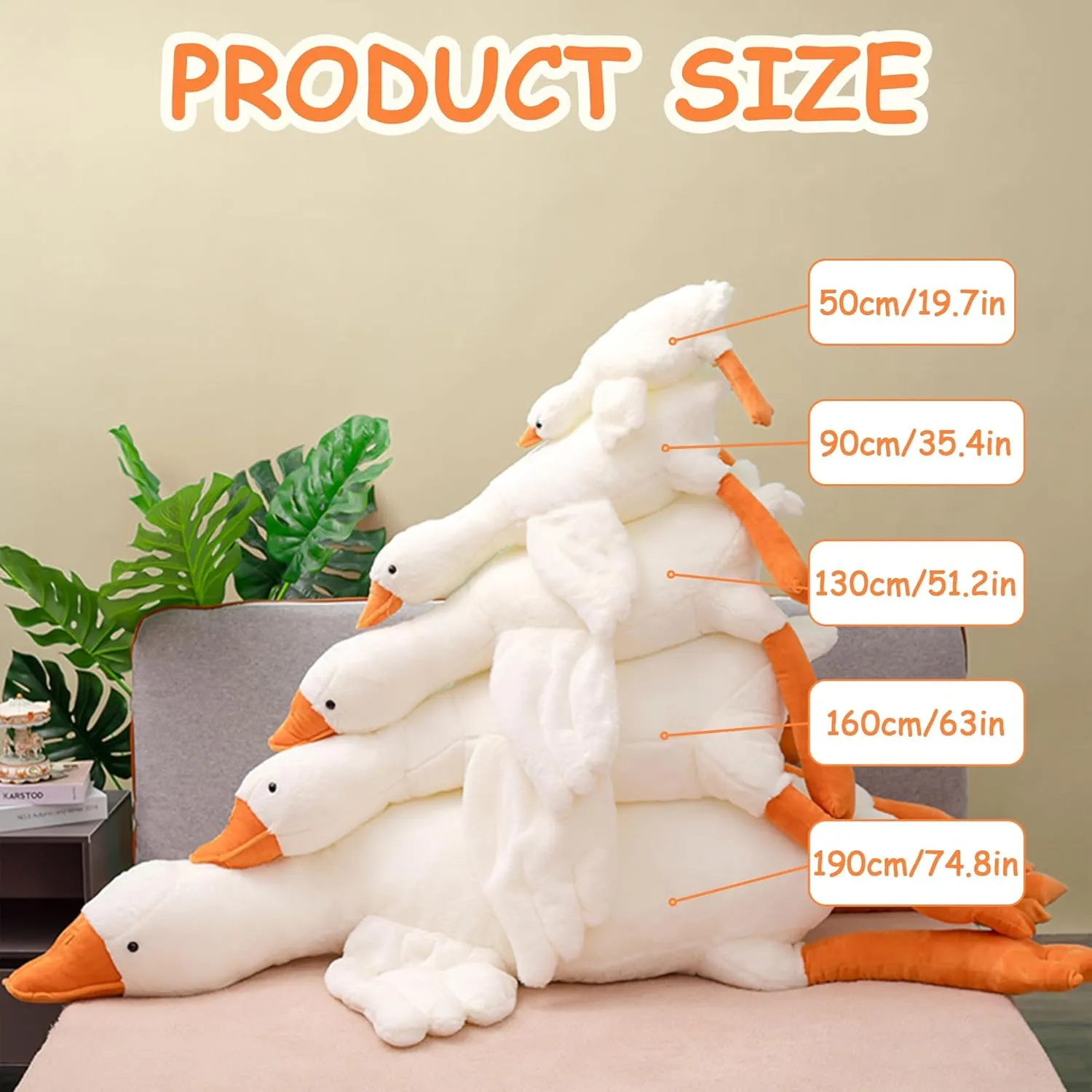 Heionia Giant Goose Stuffed Animal Soft Goose Plush Pillow Cute Duck Plush Toy Swan Plushie Sleeping Hugging Pillows（35.4inch/90cm）