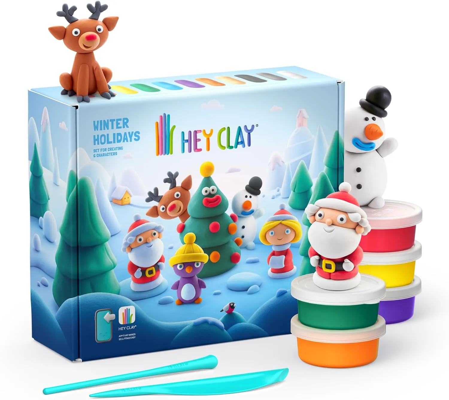 Hey Clay Winter Holidays - Colorful Modeling Air Dry Clay for Kids - Air Dry Clay Kit 15 Cans with Fun Interactive App