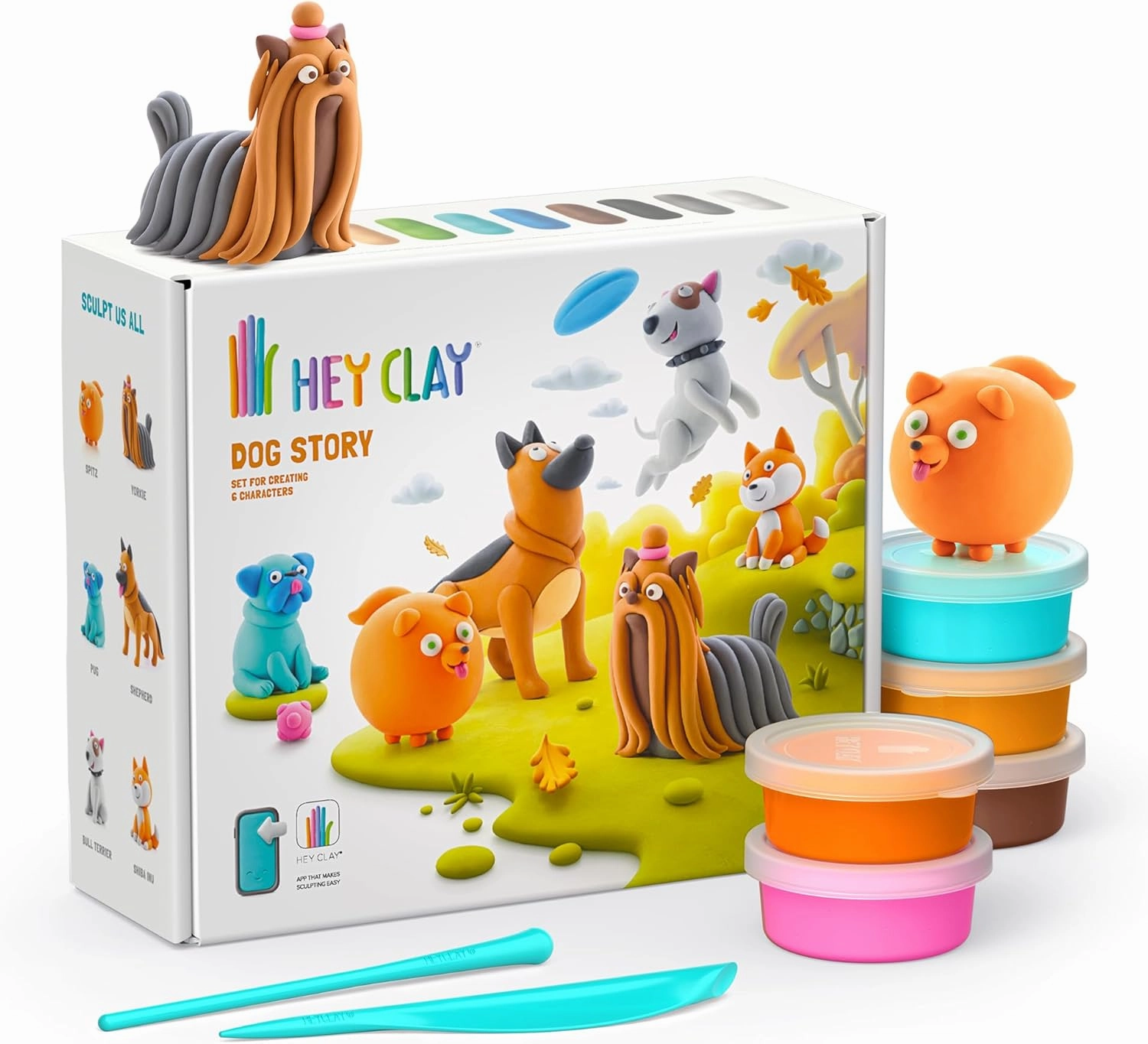 Hey Clay Dog Story 15 cans - Colorful Modeling Air Dry Clay for Kids - Air Dry Clay Kit 15 Cans with Fun Interactive App
