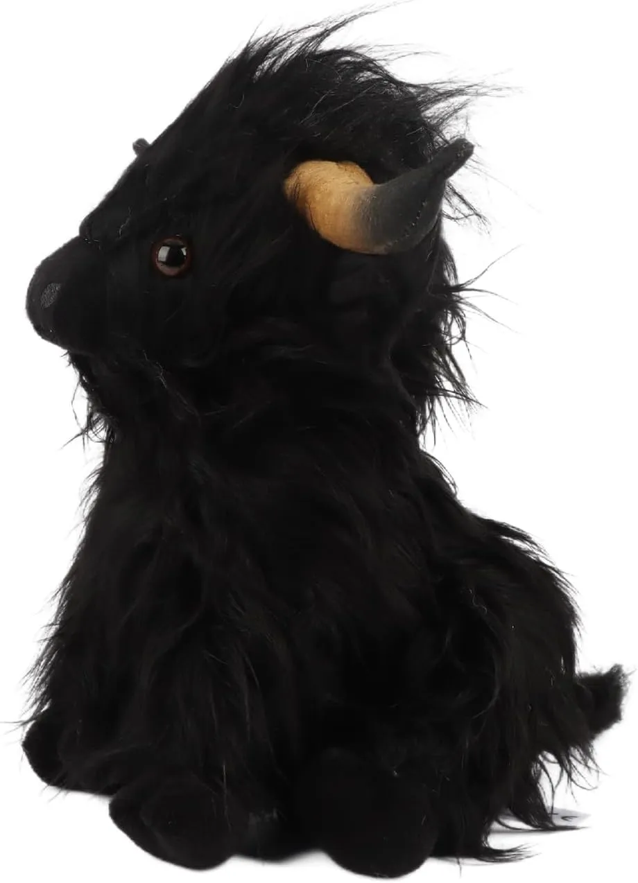 Highland Cow Plush Toy 9", Realistic Black Fluffy Yak Stuffed Animal, Soft Long-Haired Plushie for Kids and Collectors