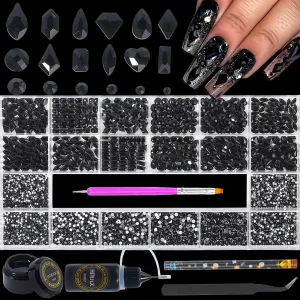 HNUIX Nail Rhinestones - 4550pcs Crystals Black, Multiple Shape Gems, Flatback Rhinestones, with Kit and Glue Gel, for Nail Art