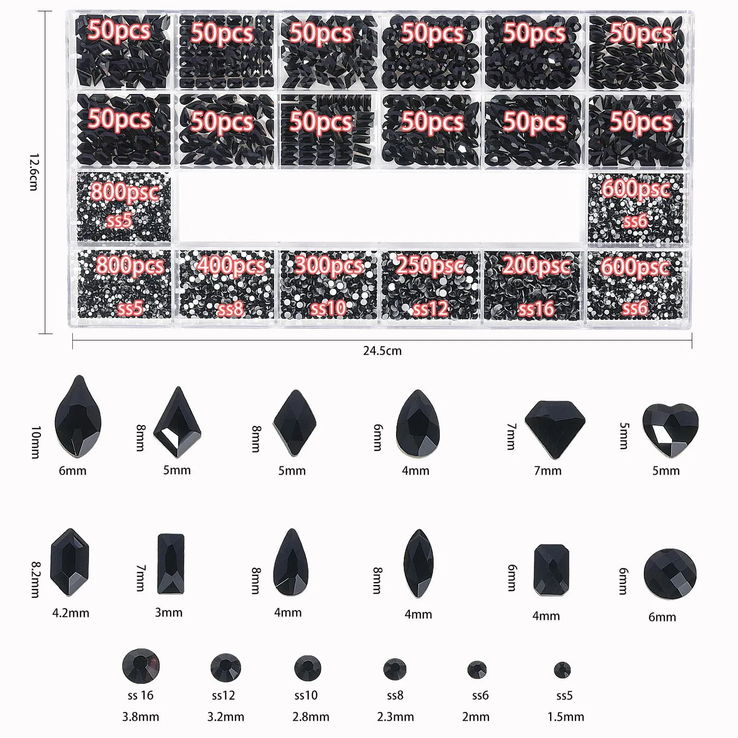 HNUIX Nail Rhinestones - 4550pcs Crystals Black, Multiple Shape Gems, Flatback Rhinestones, with Kit and Glue Gel, for Nail Art
