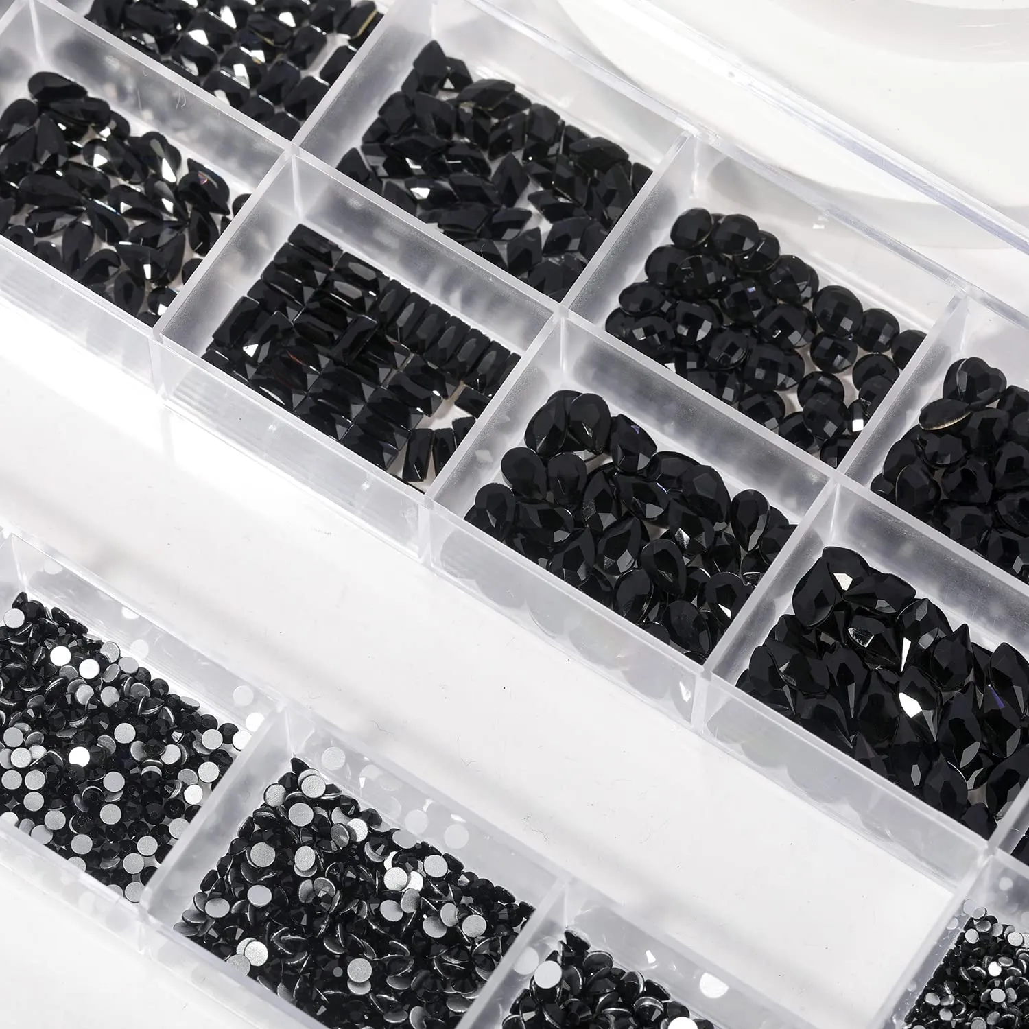 HNUIX Nail Rhinestones - 4550pcs Crystals Black, Multiple Shape Gems, Flatback Rhinestones, with Kit and Glue Gel, for Nail Art