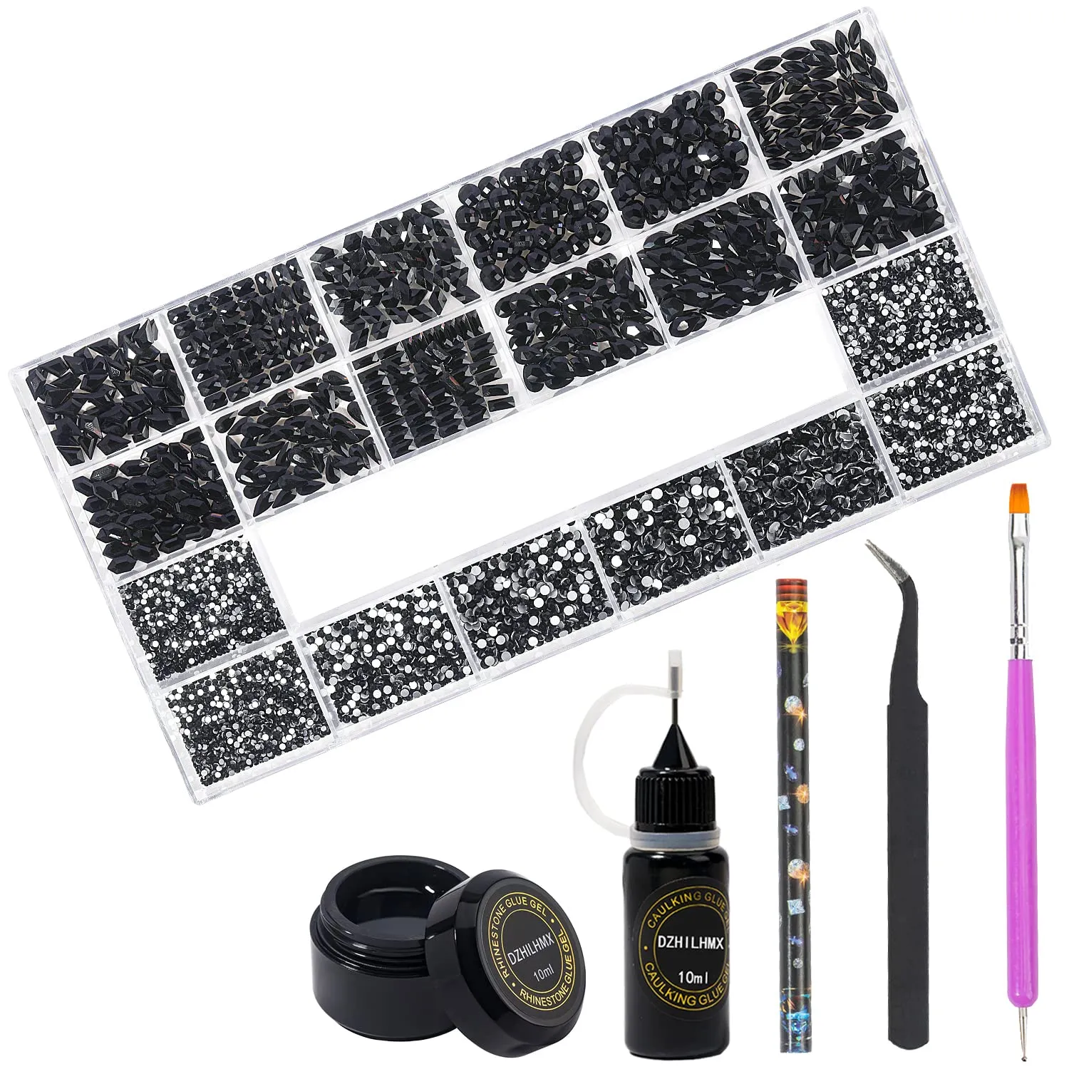 HNUIX Nail Rhinestones - 4550pcs Crystals Black, Multiple Shape Gems, Flatback Rhinestones, with Kit and Glue Gel, for Nail Art